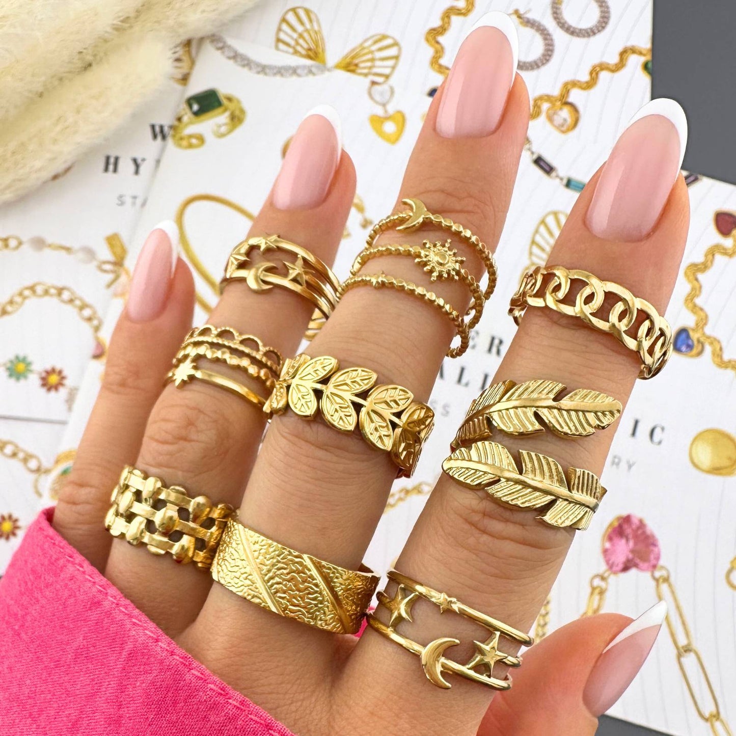 Astrology Finger Ring, 18K Gold Plated Steel